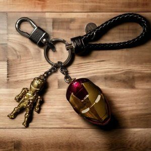 8" Red/Gold Metal Iron Man Mask Keychain, Leather Braided Strap - NEW!